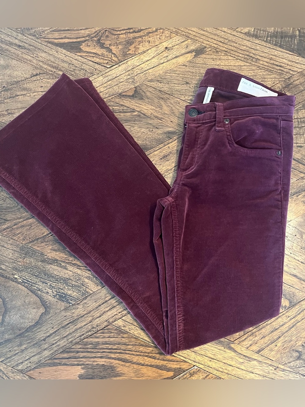 rag & bone Elephant Bell Flare Corduroy Pants, Bordeaux, 5-Pocket, Size 25